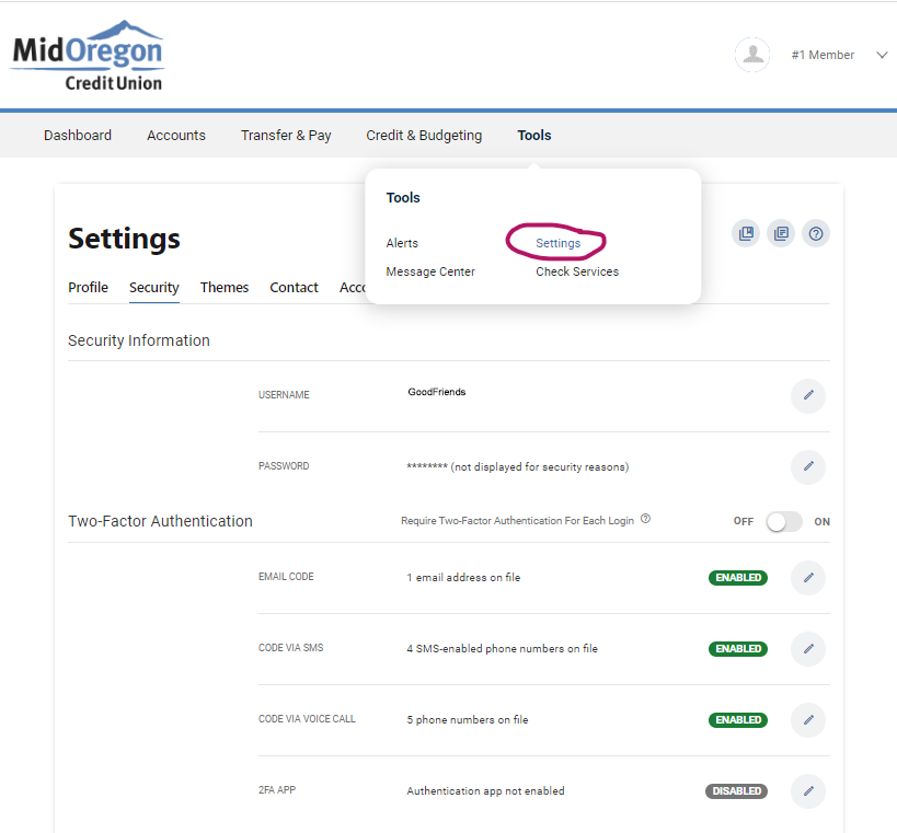 Security Tab in Digital Banking